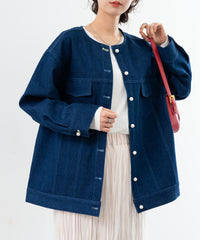 牛仔無領中長夾克外套